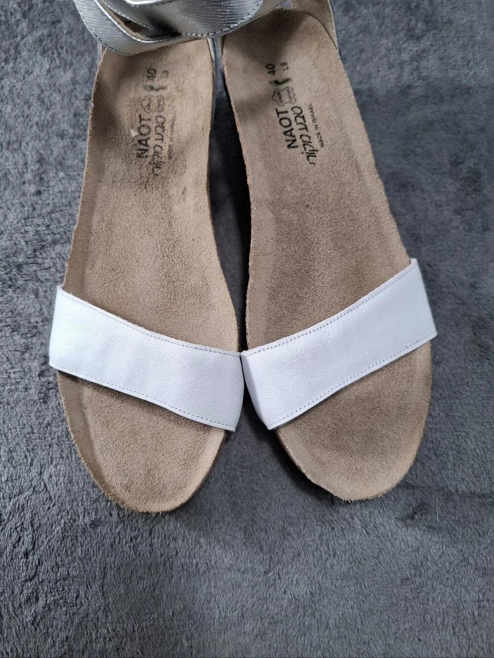 NAOT 5016 Pixie Low Wedge Sandals  White Silver Vintage Slate Leather Sz 40 9